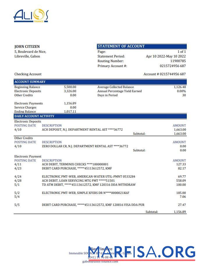 Realistic Gabon Alios Finance bank statement excel sample